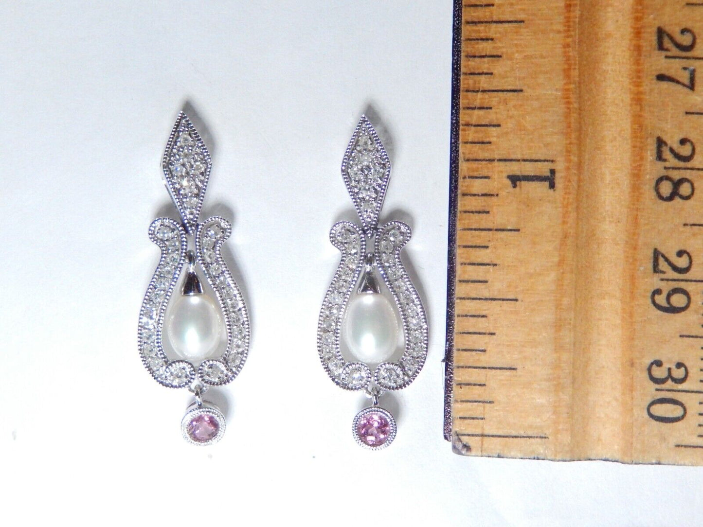 Beautiful 14K White Gold Pearl & Amethyst & .50 CT  Diamond Drop/Dangle Earrings