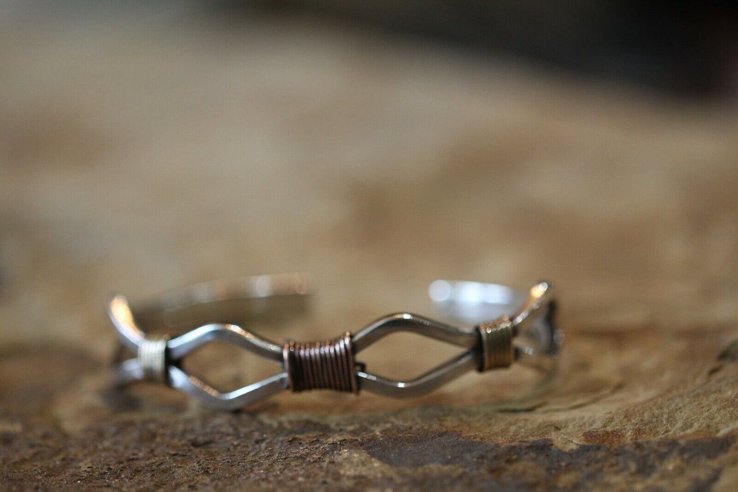 *VINTAGE*  Sterling Silver and Copper Wire Trim Cuff Bracelet Made By "IS"
