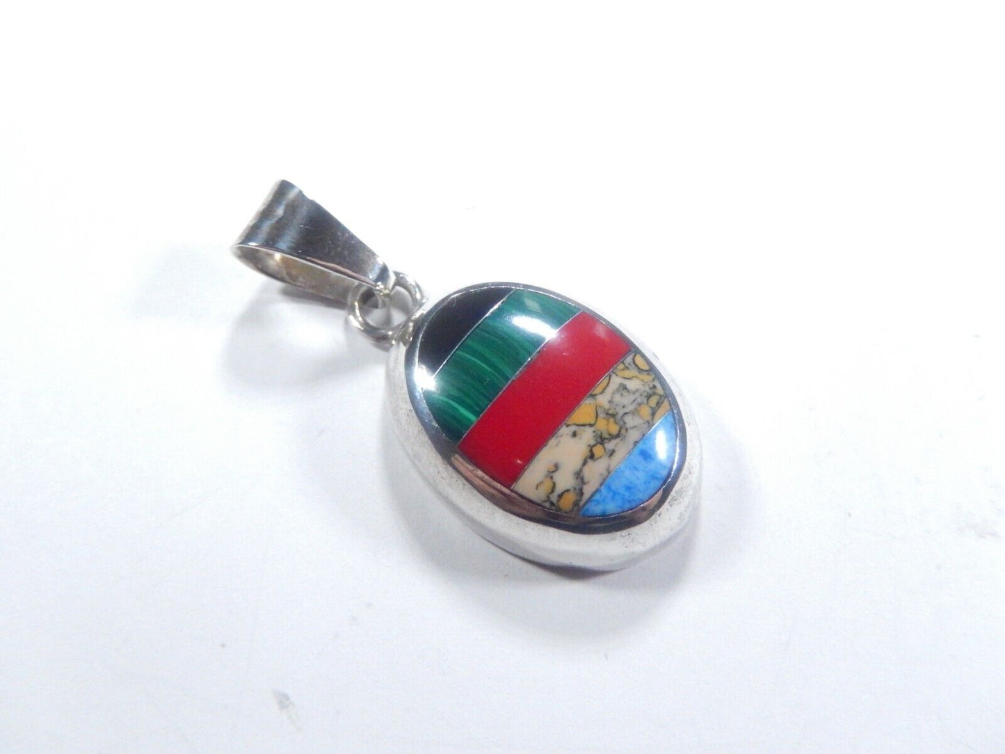 *VINTAGE*  Large Mexican Sterling Silver Multi Stone Oval Inlay  Pendant