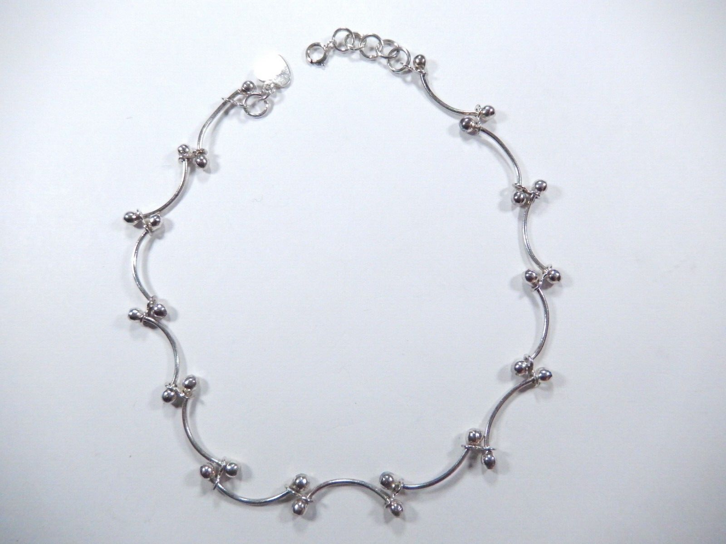 Sterling Silver Ball Bead Fancy Link with Heart Charm Anklet 10"
