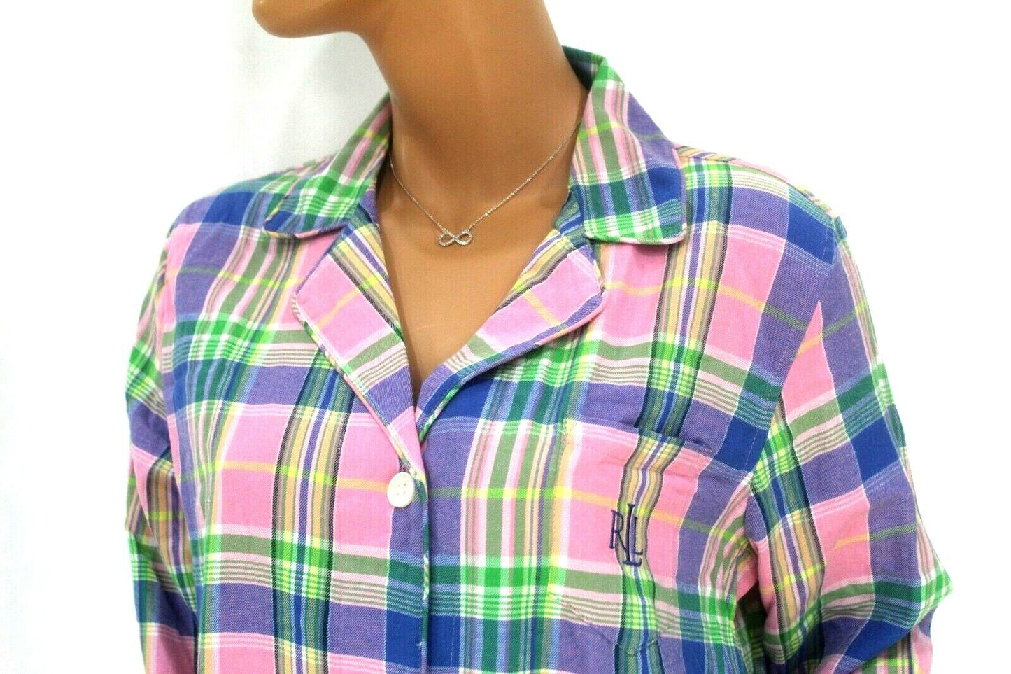 Ralph Lauren Women's Green Label Button Down Long Sleeve Plaid Pajama Top Large
