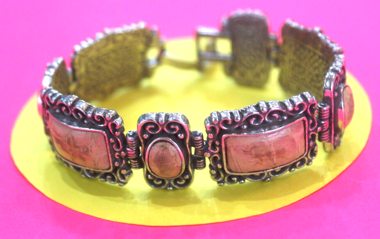 RETIRED Brighton Wide Victorian Style Gemstone & Silver Link Bracelet 7/8" Wide