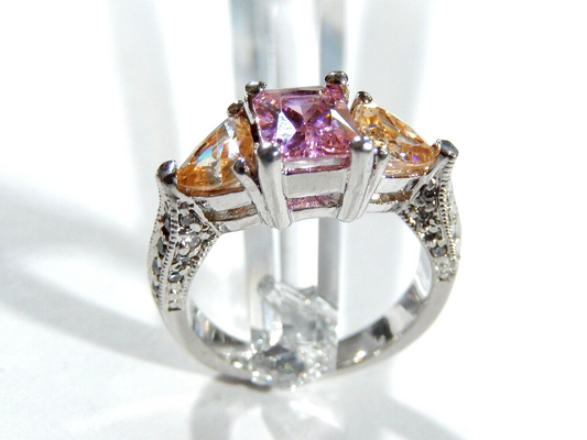 Radiant & Triangle Cut Pink Cubic Zirconia Engagement Ring  Sterling Silver Sz 7