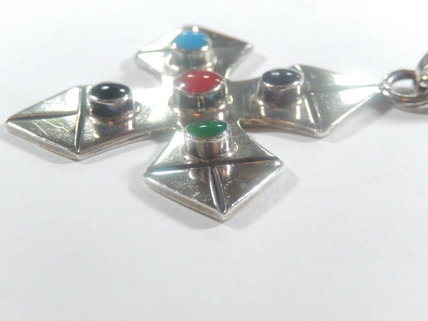 *VINTAGE*   Sterling Silver MEXICO TAXCO Multi Stone  Cross Pendant w/Lg Bail