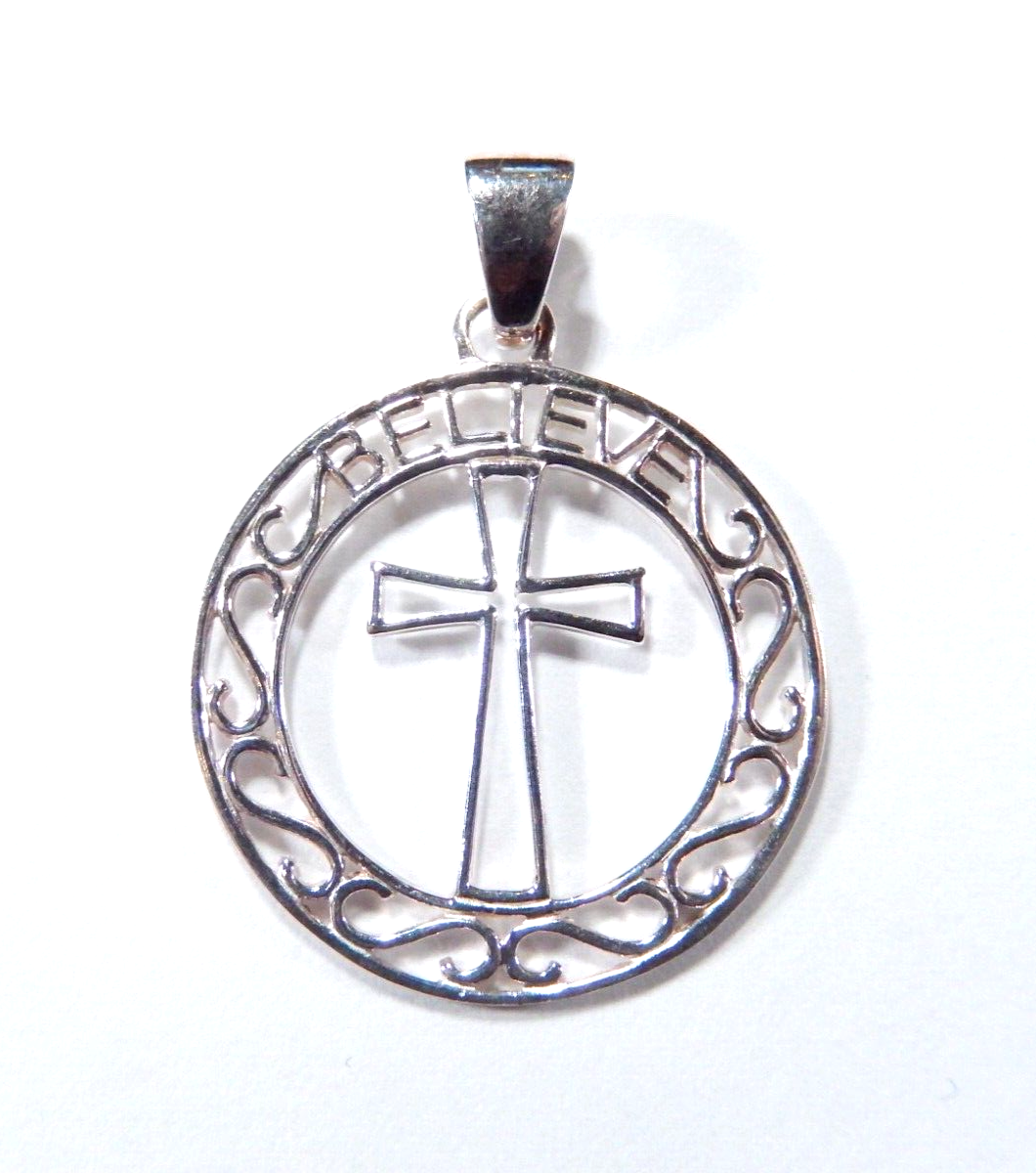 Sterling Silver BELIEVE Cross Pendant Round Filigree Design 2.1g