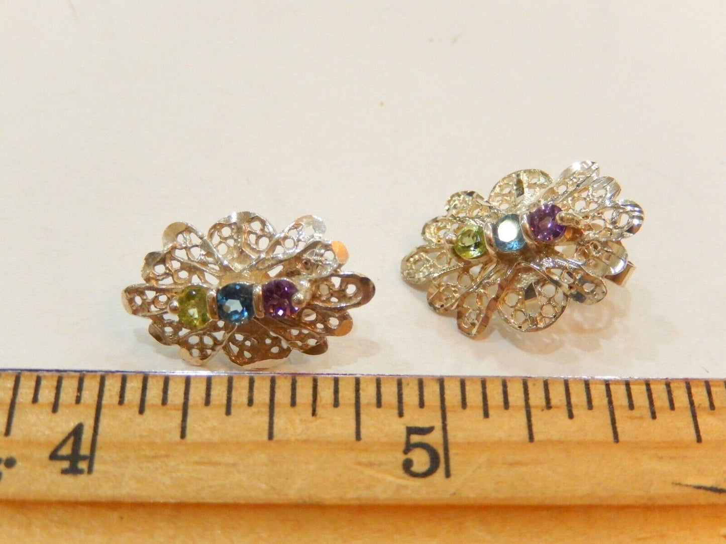 FILIGREE   STERLING SILVER  DIAMOND CUT GEMSTONE POST EARRINGS
