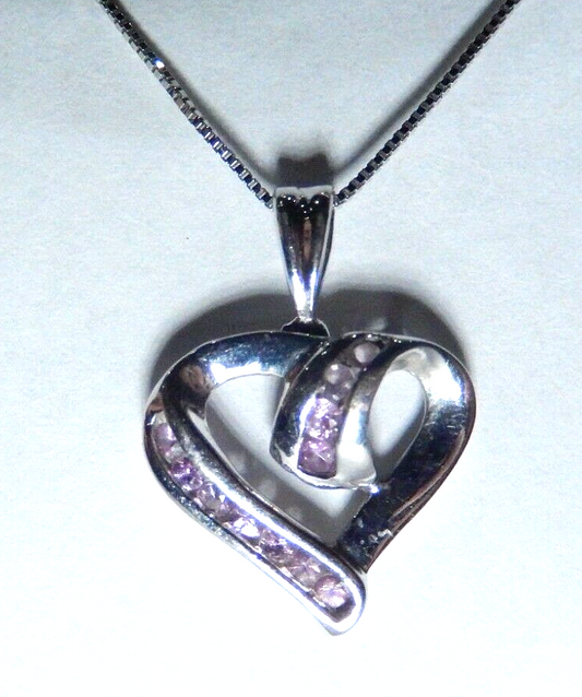 10k White Gold Round Cut Purple Amethyst  Heart Pendant w/10k Chain 18"