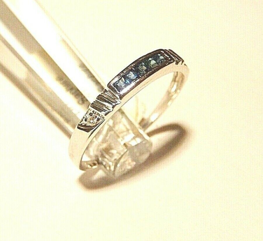 *NWT* 14k White Gold Princess Cut Sapphire & Round Diamond 3mm Band Size 8.25