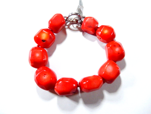 Vintage Chunky 5/8" x 3/4" Red Coral Beads Bracelet Sterling Togle Clasp 7.5"