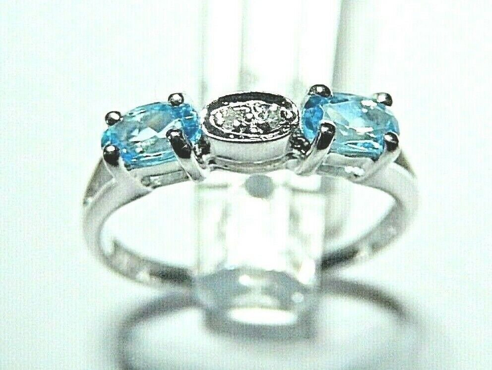 *NWT* 10k White Gold Oval Blue Topaz And Diamond 4mm Wide Ring Size 6.5