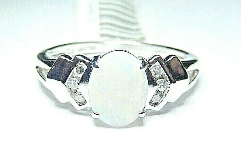 *NWT* 10k White Gold Oval Opal And Six Diamond Ring Size 7