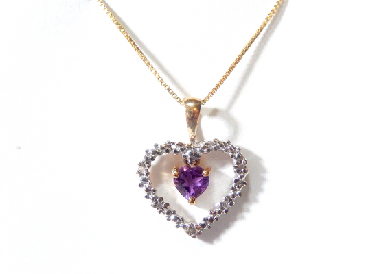*VINTAGE* 10k Yellow Gold Floating Amethyst & Diamond Heart Pendant w/18"chain