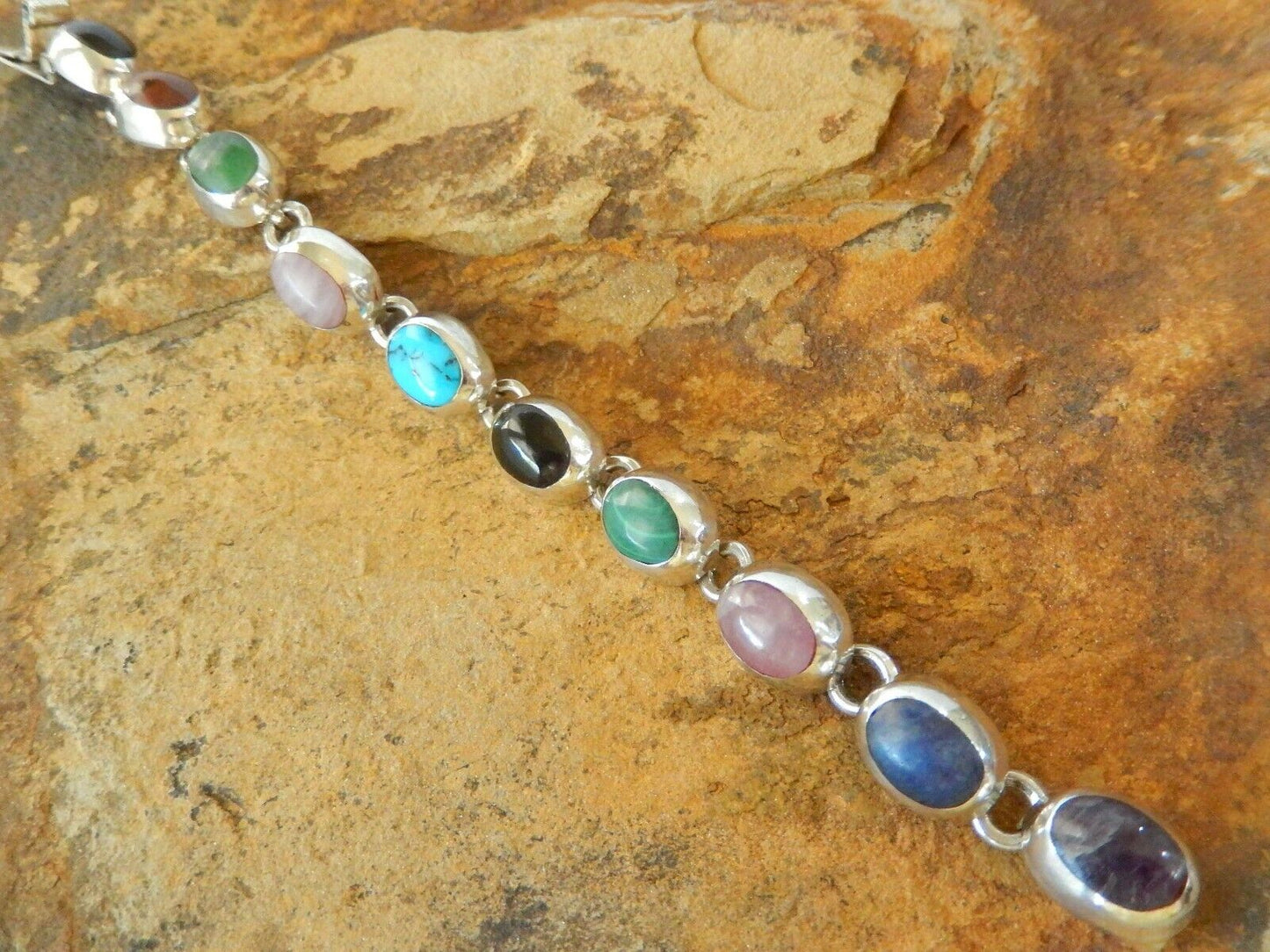 Vintage MEXICO TAXCO 925 Sterling Silver Bracelet Multi Gem Link Bracelet 7"