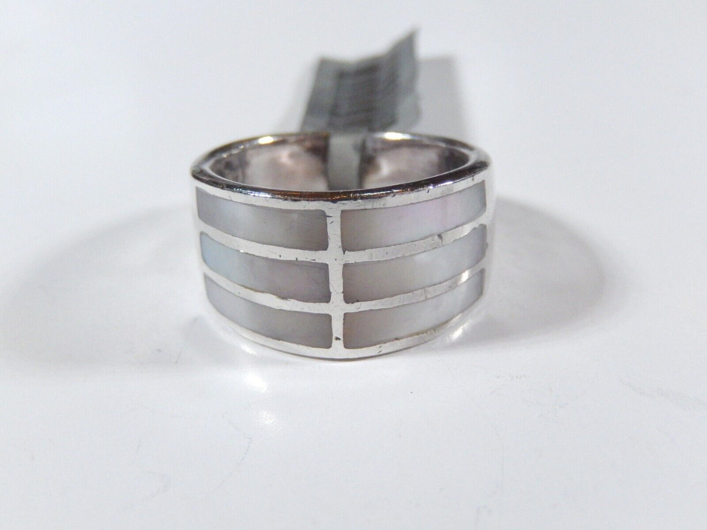*VINTAGE*  Sterling Silver 11 mm Wide Band Inlay Mother of Pearl Ring Sz 6.5