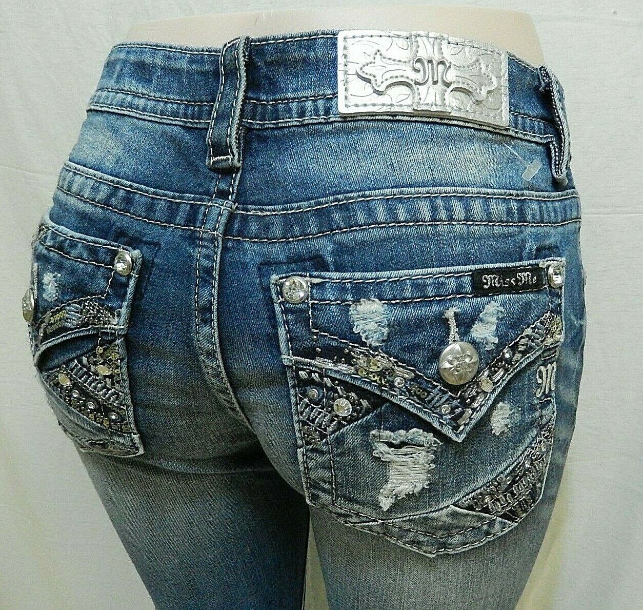 NWT Miss Me Standard Boot Cut Jeans Medium Blue Beads Jewels Bling Size 25 x 31