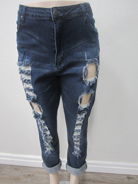 NWT American Bazi Stretch Destroyed Dark Blue Skinny Low RiseJeans Size 3XL x 30