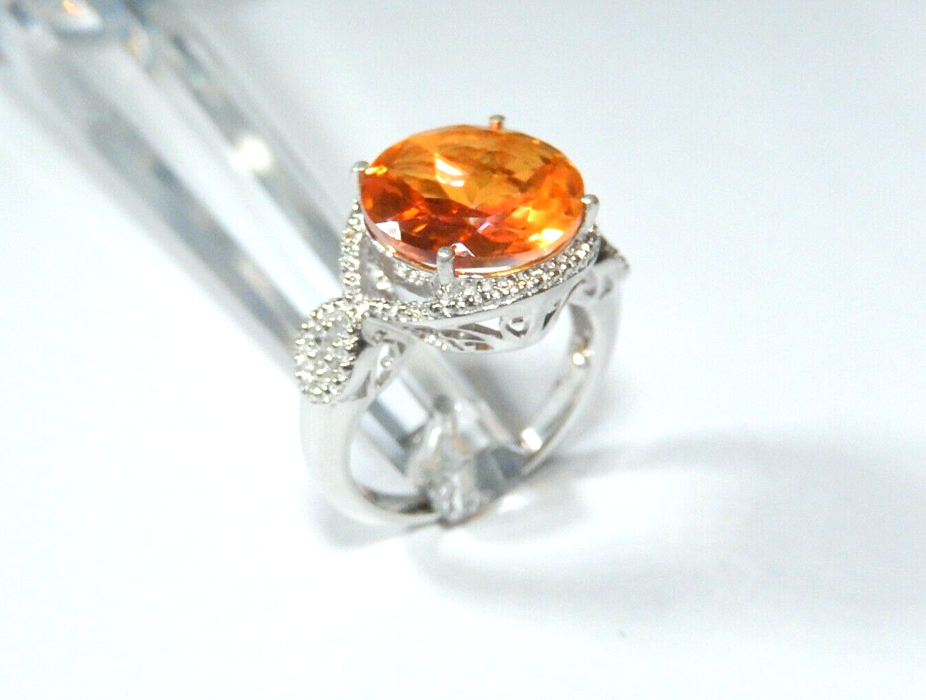 Sterling Silver 9.50 CT Round Citrine & Diamond  Ring Size 10.5
