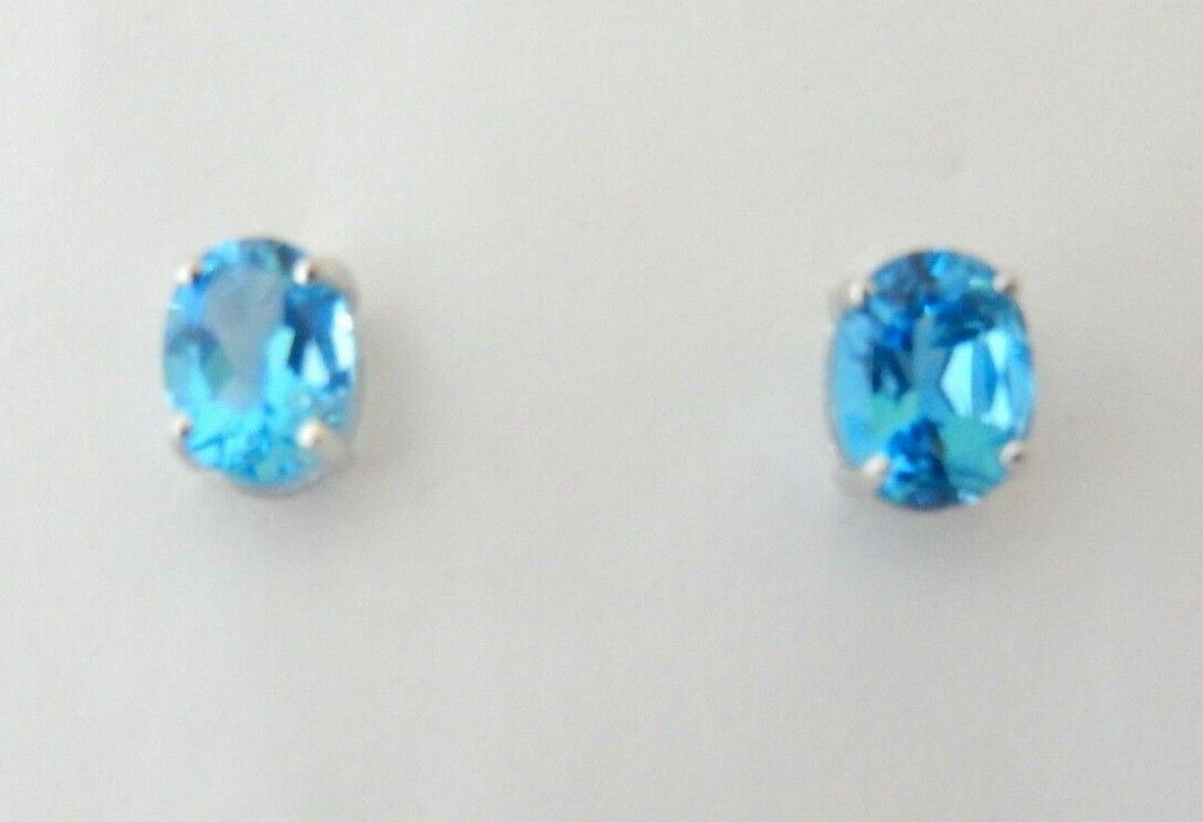 *NEW* 14K White Gold 2.5 CT Oval Deep Blue Topaz Stud Earrings Jewelry 8mm x 6mm