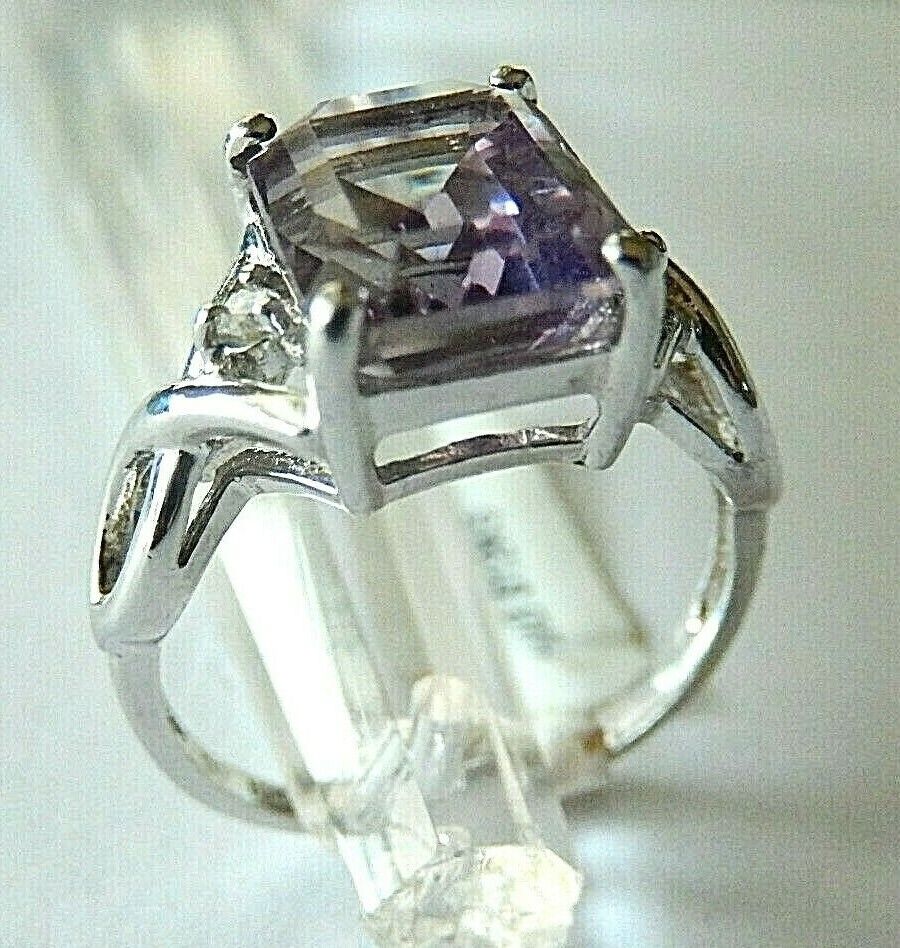 *NEW* 10K White Gold Genuine 3.5CT Amethyst & Natural Diamond Ring Size 7.5