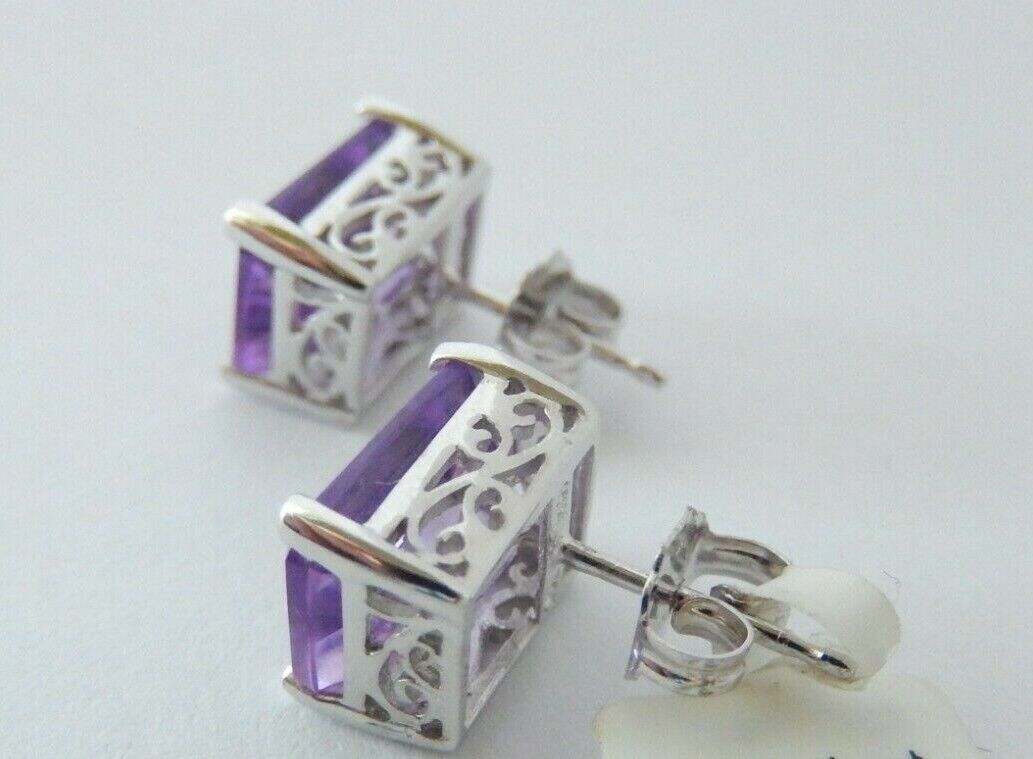 10K White Gold 10mm x 8mm Emerald Cut 6CT Amethyst Earrings In Filigree Settings