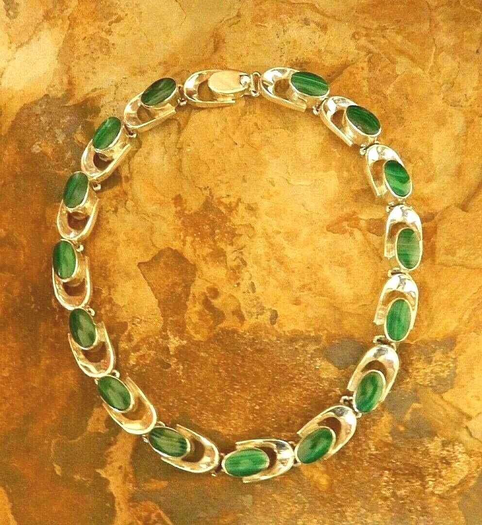 *RARE* VINTAGE HEAVY 175g TC-79 TAXCO 925 STERLING  MALACHITE LINK NECKLACE 18”