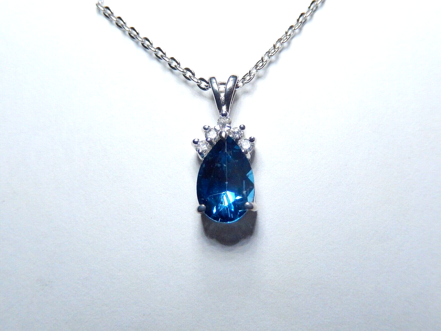 *NWT*  10K White Gold 1.00CT Blue Topaz and 5 Diamond  Pendant   w/ 18" Chain