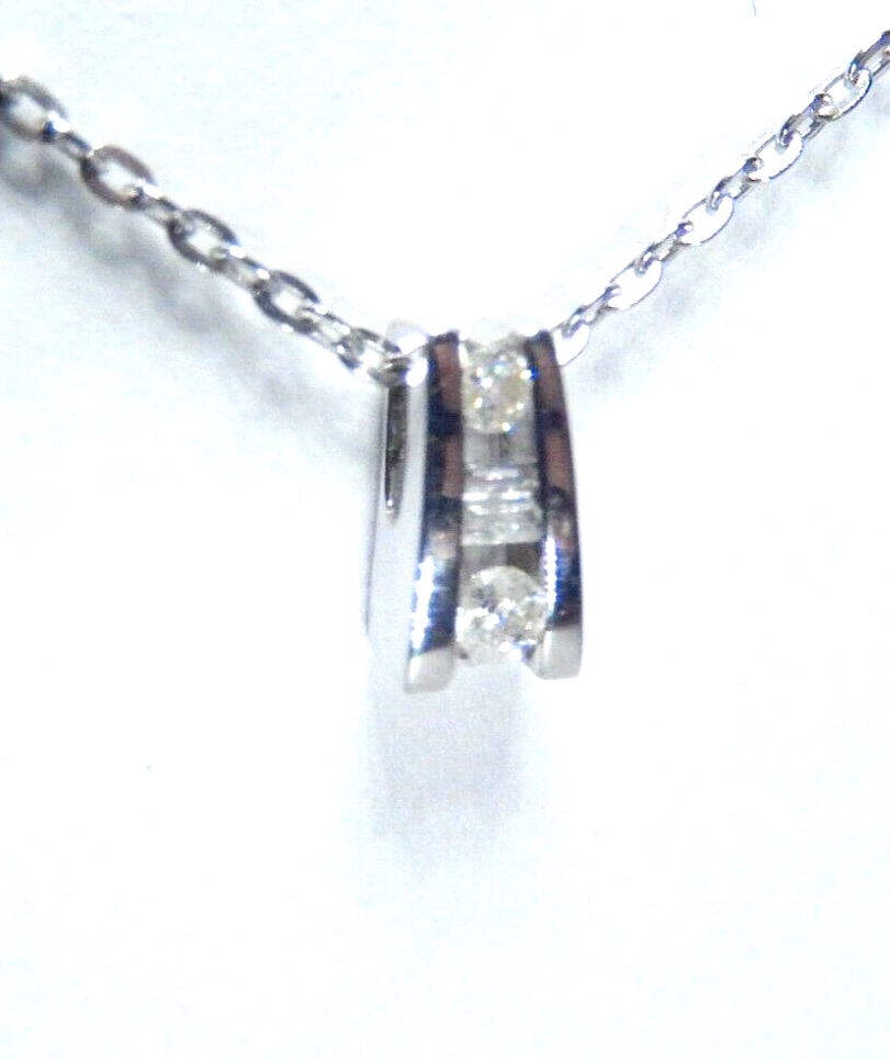 10k White Gold  Three Stone Diamond Tension Pendant w/ 18" Chain