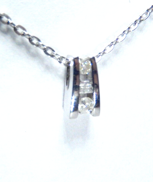 10k White Gold  Three Stone Diamond Tension Pendant w/ 18" Chain