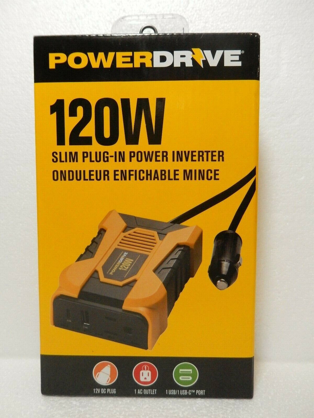 PowerDrive 120 Watt Slim Plug-In Inverter with 1 AC and 2 USB Ports PD120