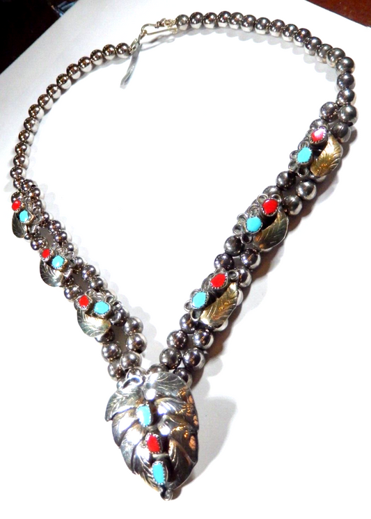 Native American Sterling Silver Turquoise Coral Leaf Beaded 2 Row Necklace 128gm