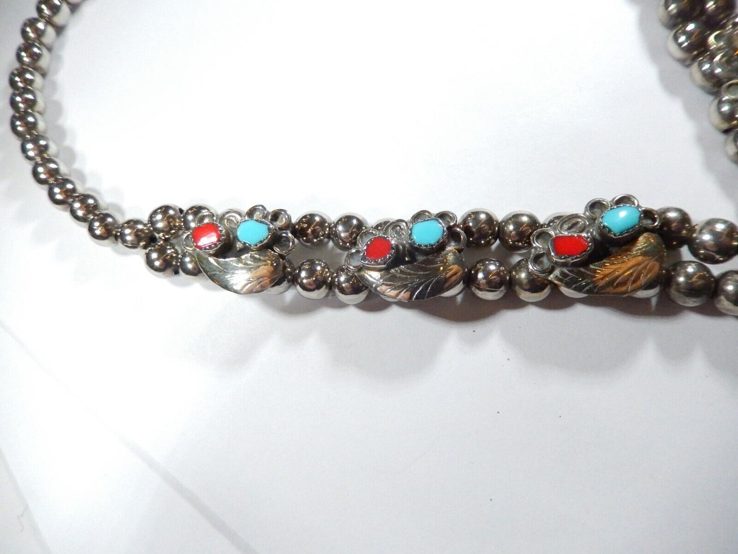 Native American Sterling Silver Turquoise Coral Leaf Beaded 2 Row Necklace 128gm