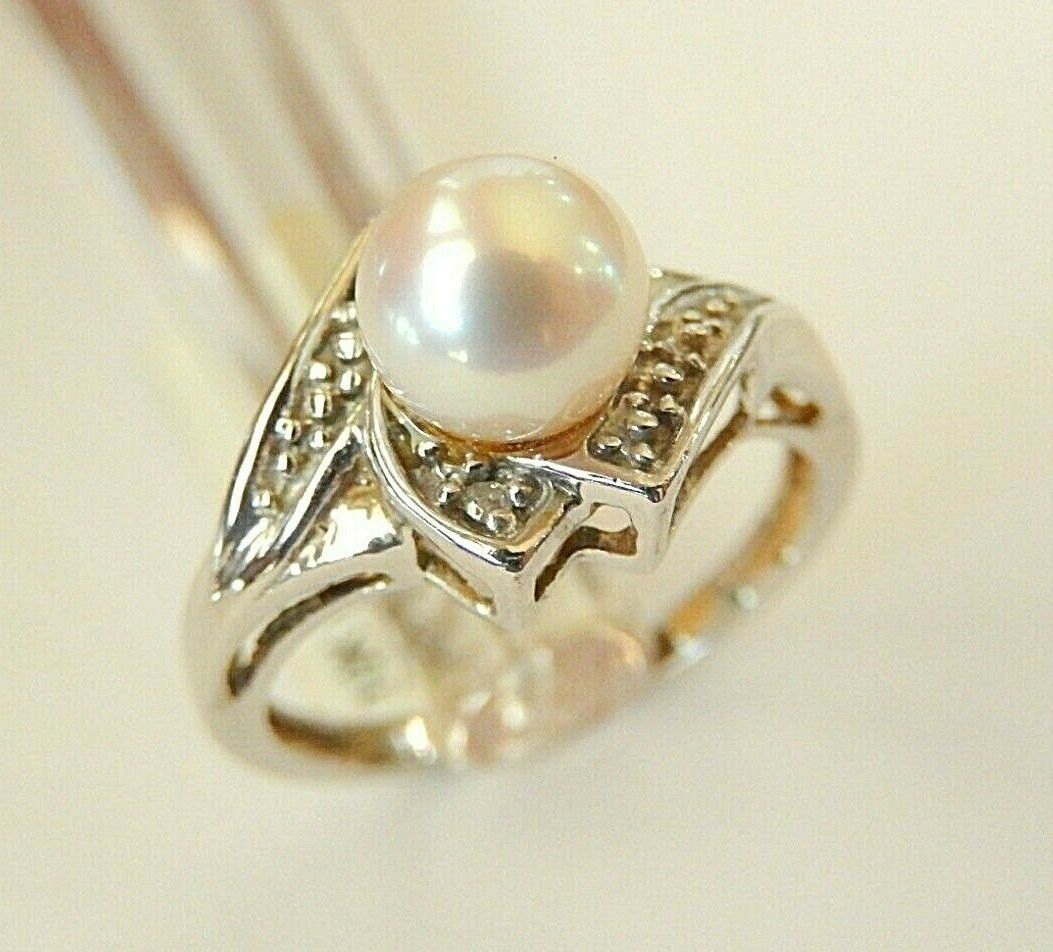 10K White Gold 7mm Round Pearl & Diamond Ladies Ring  Size 7.5