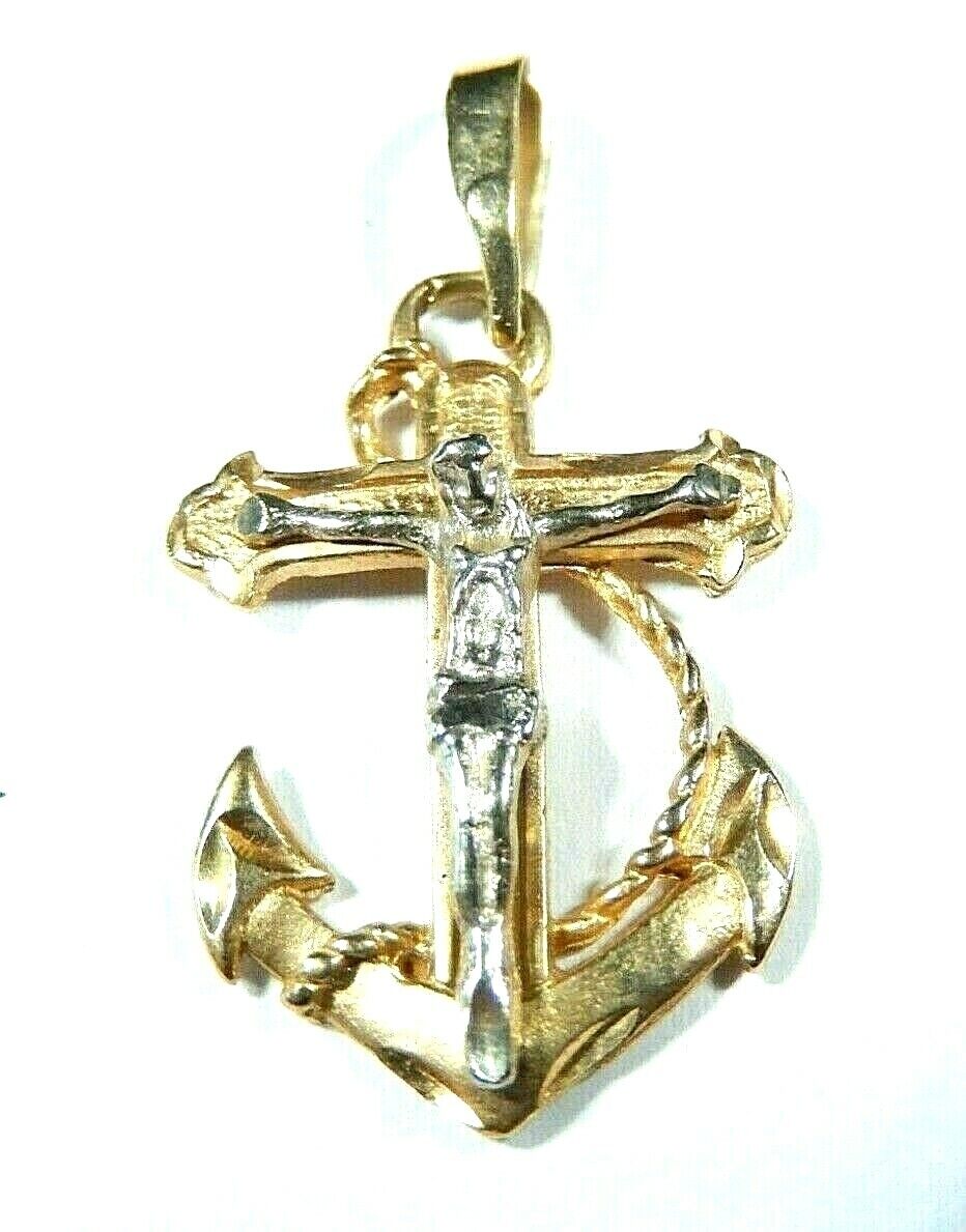 14k Real Yellow Gold Religion Jesus Christ Crucifix Mariner Anchor Pendant