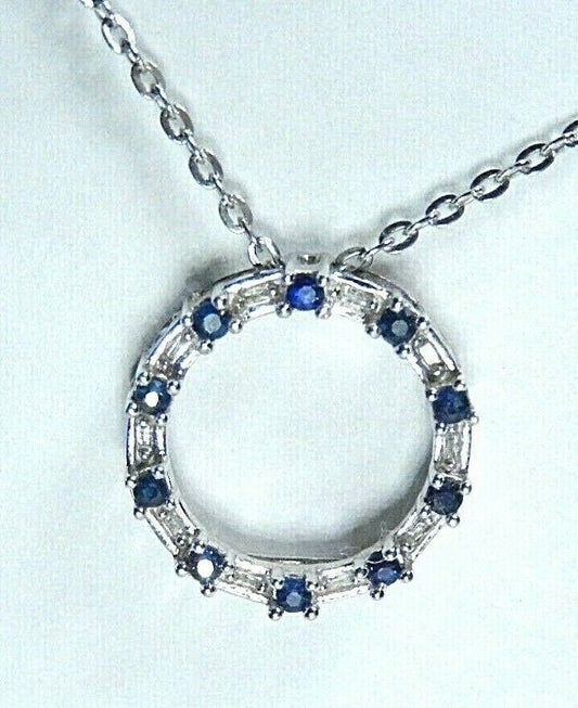 *NWT*  10K White Gold Sapphire & Natural Baguette Diamond Circle Pendant w/18"Ch