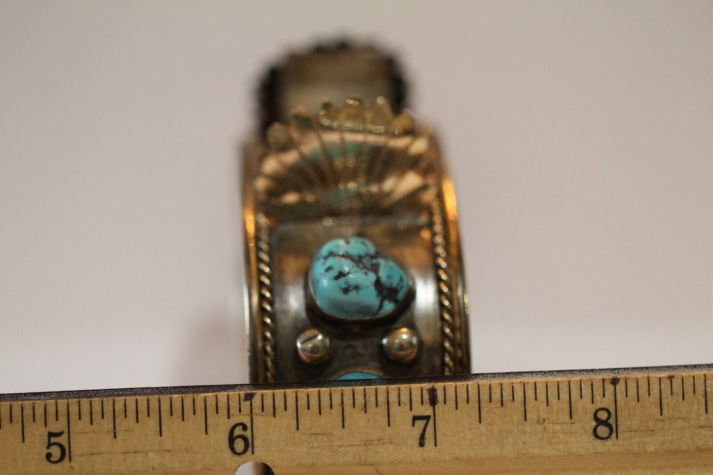 Native American Indian Turquoise Nuggets Sterling Silver Stamped Watch Bracelet