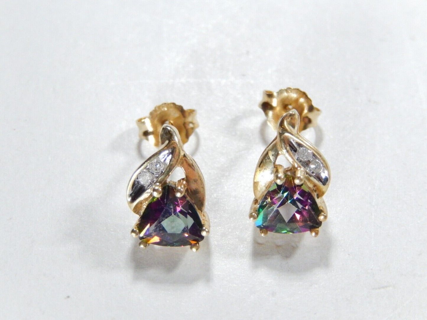 *VINTAGE*  10k Yellow Gold Trillion  Mystic Topaz and Diamond Stud Earrings