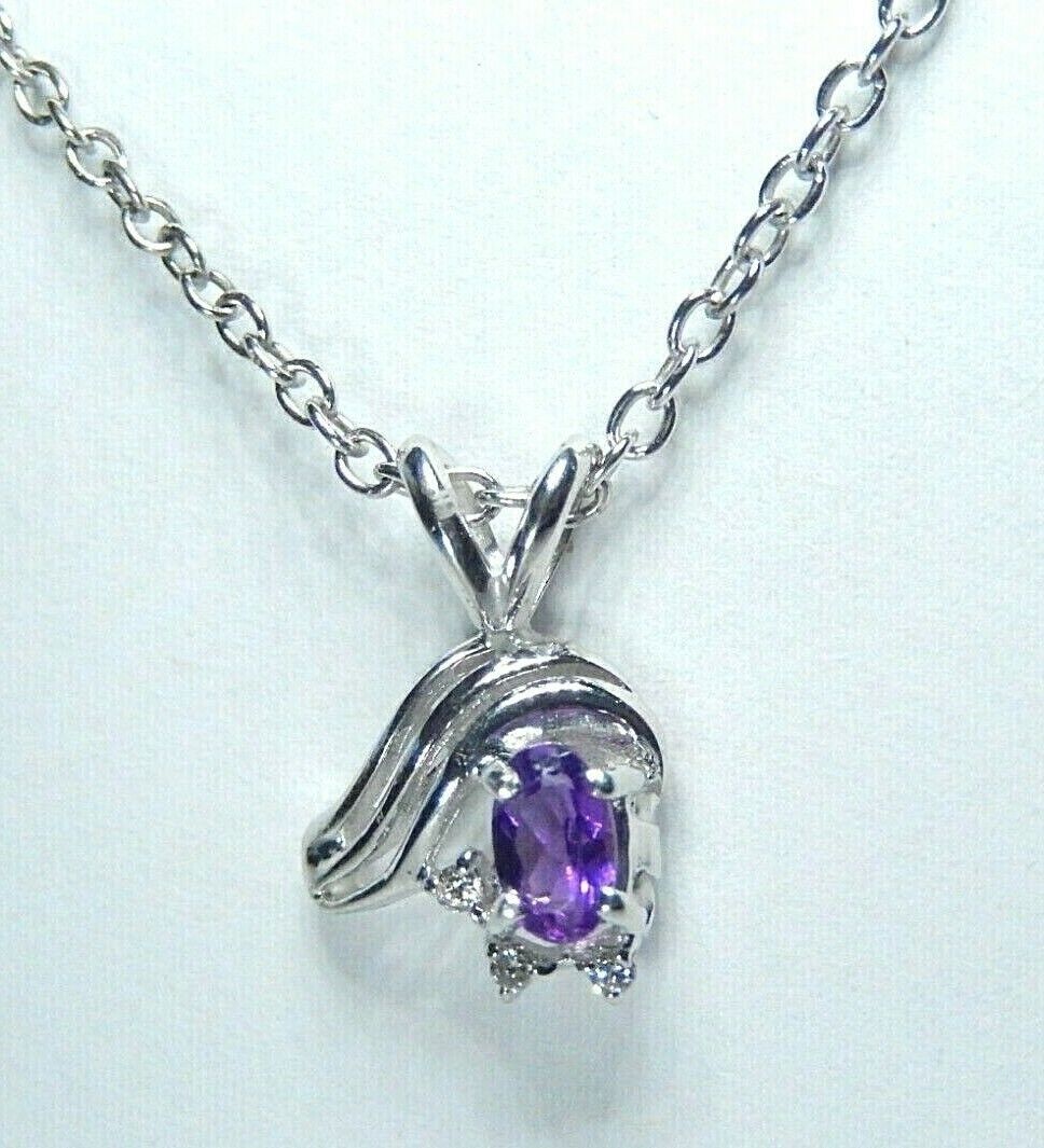 *NWT*  10K White Gold Purple Amethyst with Diamond Accent Pendant  w/18" Chain
