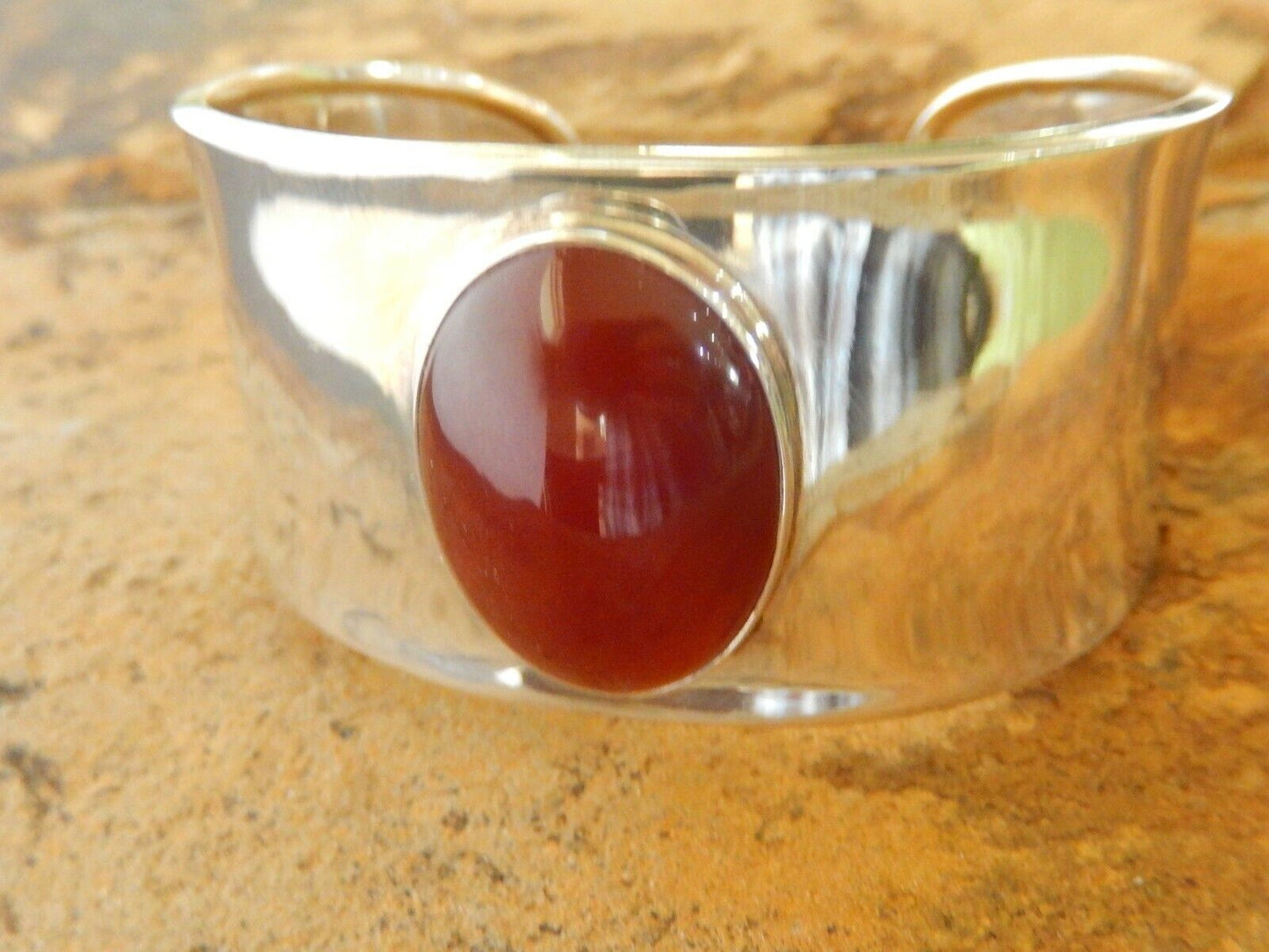 VINTAGE MODERNIST WIDE CARNELIAN STERLING SILVER BRACELET CUFF MEXICO SIGNED