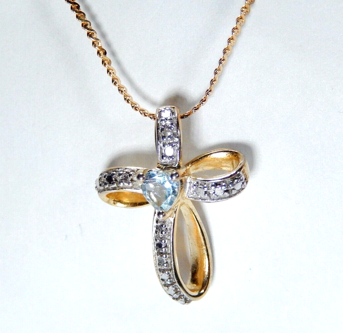 *VINTAGE* Gold Vermeil Sterling Ribbon Cross Blue Topaz Pendant w/16"chain