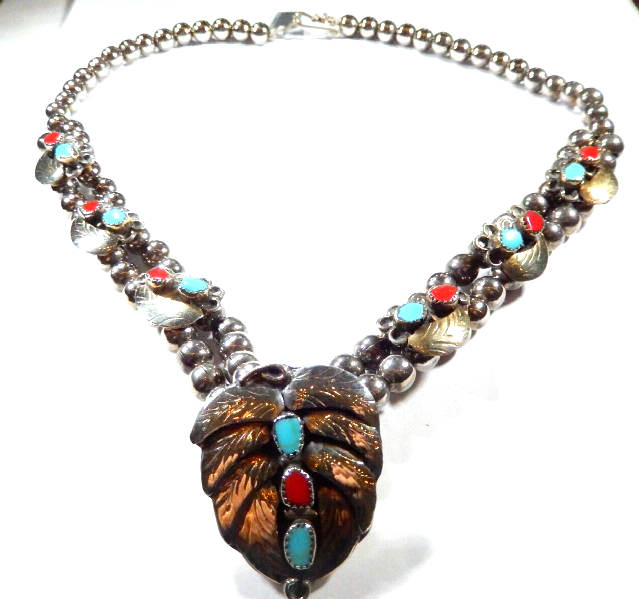 Native American Sterling Silver Turquoise Coral Leaf Beaded 2 Row Necklace 128gm