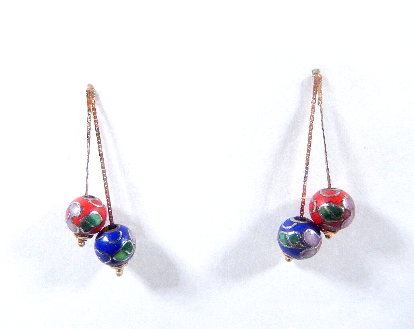 VTG 14Kt Gold Cloisonné Gemstone Inlaid Beads Dangling Earrings MCM Jacmel Mauri