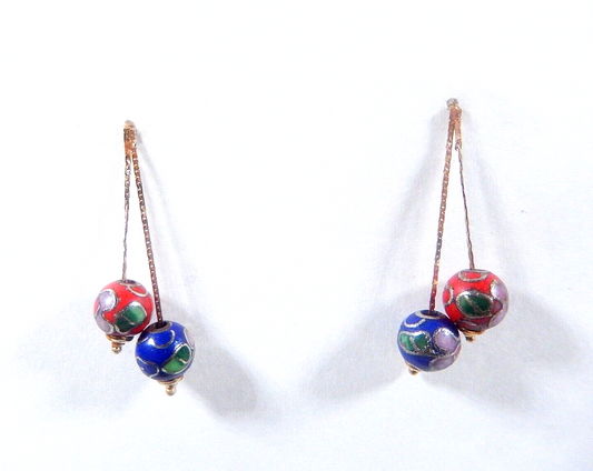 VTG 14Kt Gold Cloisonné Gemstone Inlaid Beads Dangling Earrings MCM Jacmel Mauri