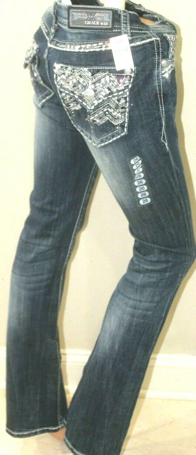 *NWT*  GRACE IN LA Bootcut Jeans 4 Pocket Embroidery  Aztek Pattern Sz W26 x L33