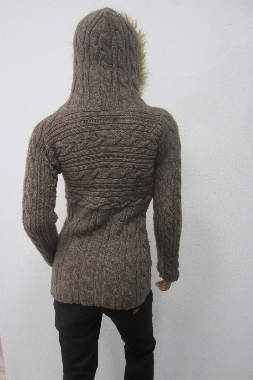 *MINT* Old Navy Brown Women Knit Sweater Jacket Hoodie With Faux Fur Sz Large