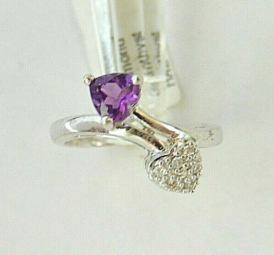 *NWT* 10k White Gold Ladies Heart Amethyst & Heart Diamond Bypass Ring Sz 7.25