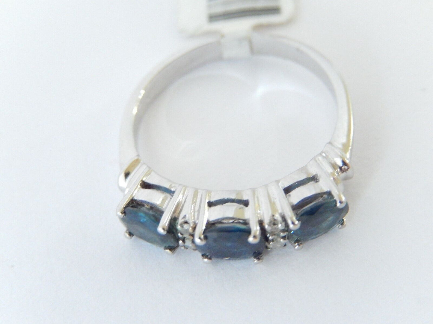 14K White Gold 3 Stone Natural Sapphire Oval & Diamond Ring Size 6.25
