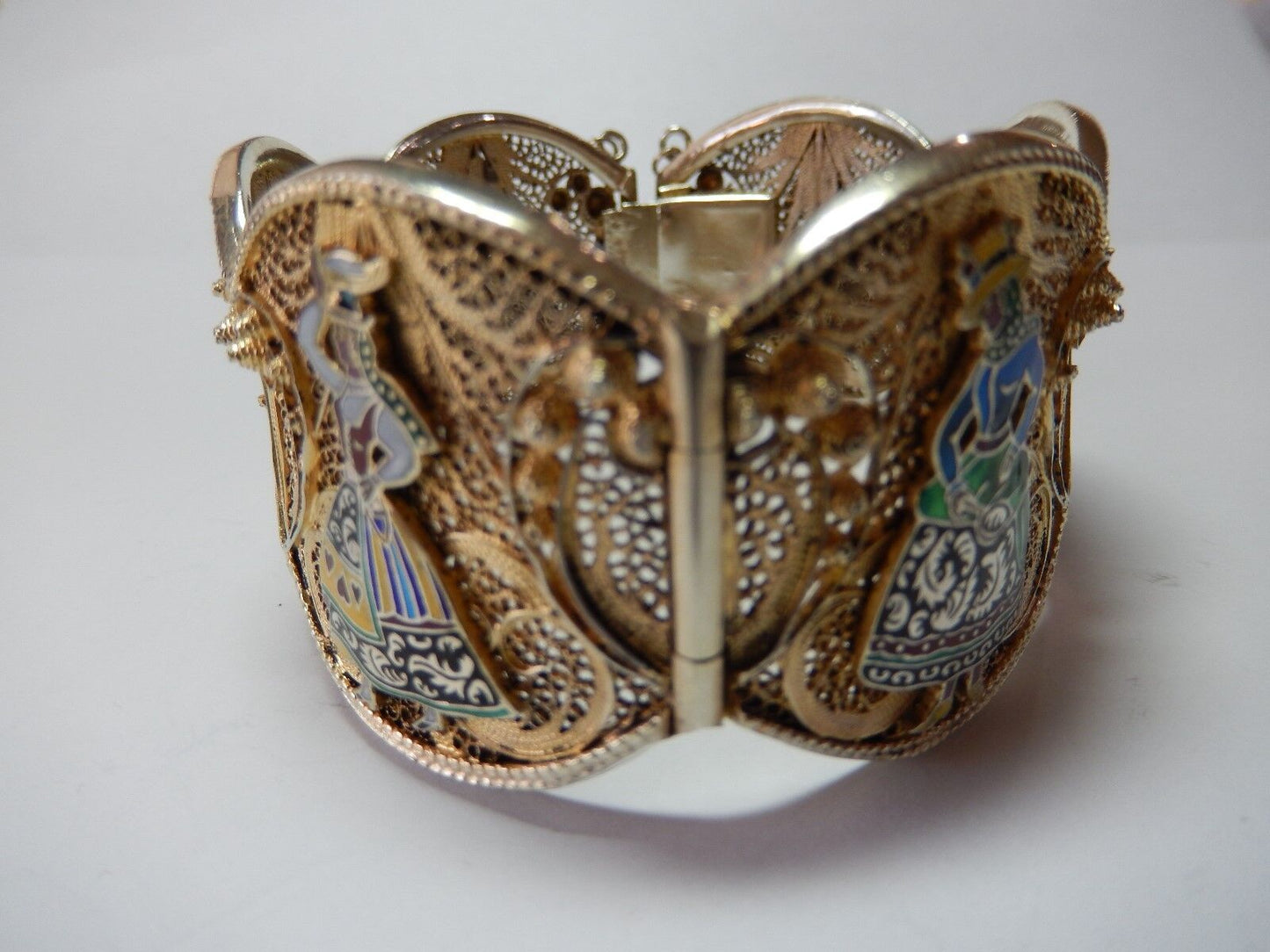 VINTAGE PORTUGAL HEAVY STERLING SILVER FILIGREE GOLD HINGED BANGLE BRACELET 7.5"