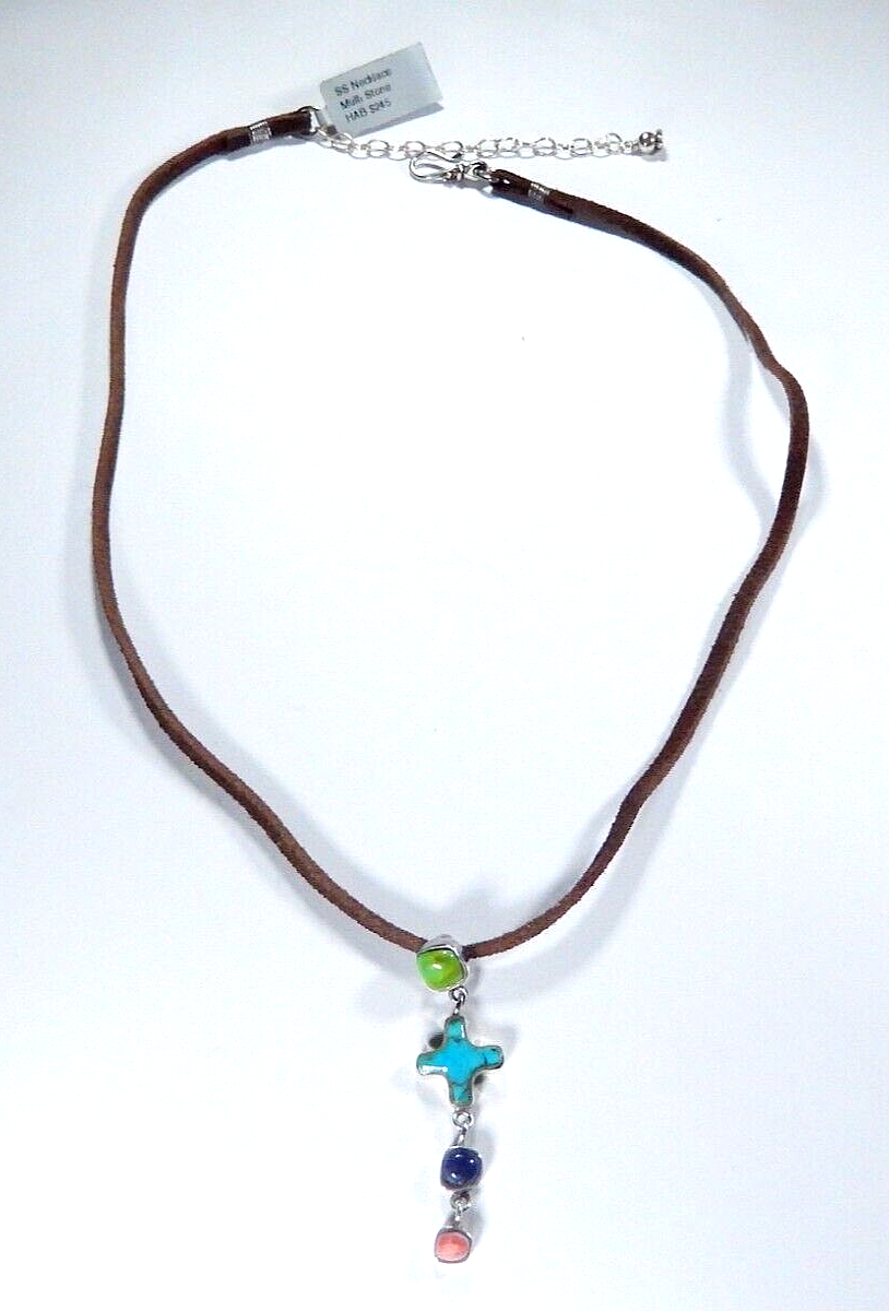 BARSE -  Sterling Silver Turquoise - Lapis - Coral Cross w/Brown Leather 18"cord