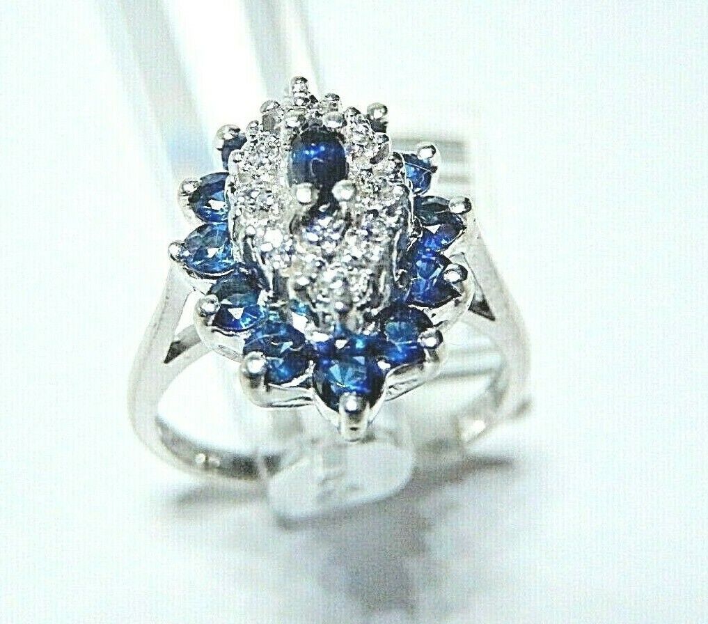 *NWT* 14k White Gold Marquise Shape Sapphire & Diamond Fancy Ring Sz 6.25