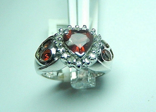 3.20 TCW Heart Cut Red Garnet & Diamond Halo Ring 10k White Gold Size 6.75
